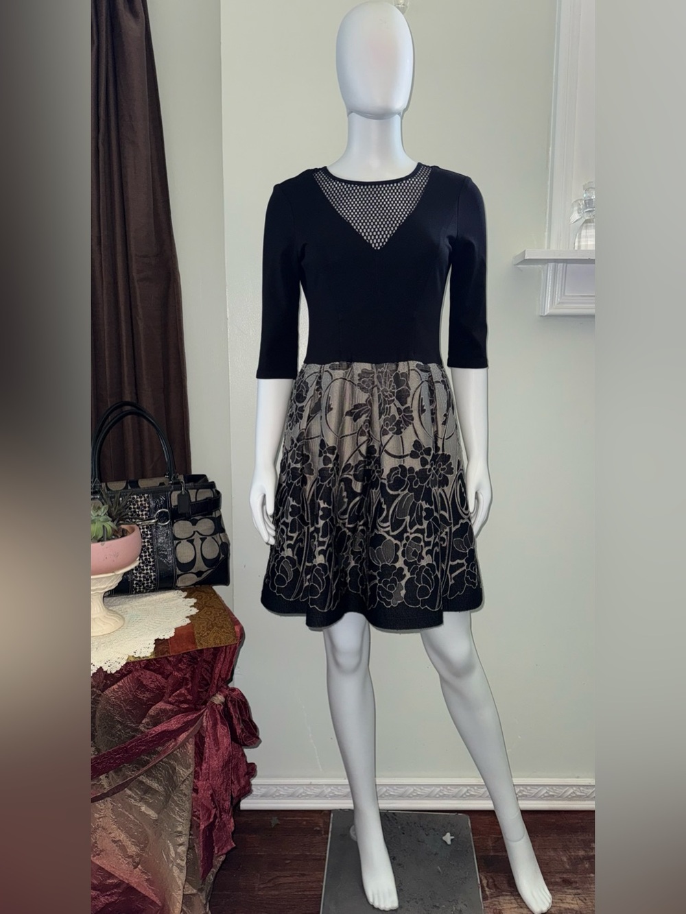 Yoana Baraschi Black and Taupe/Gray Floral Fit-and-Flare Dress